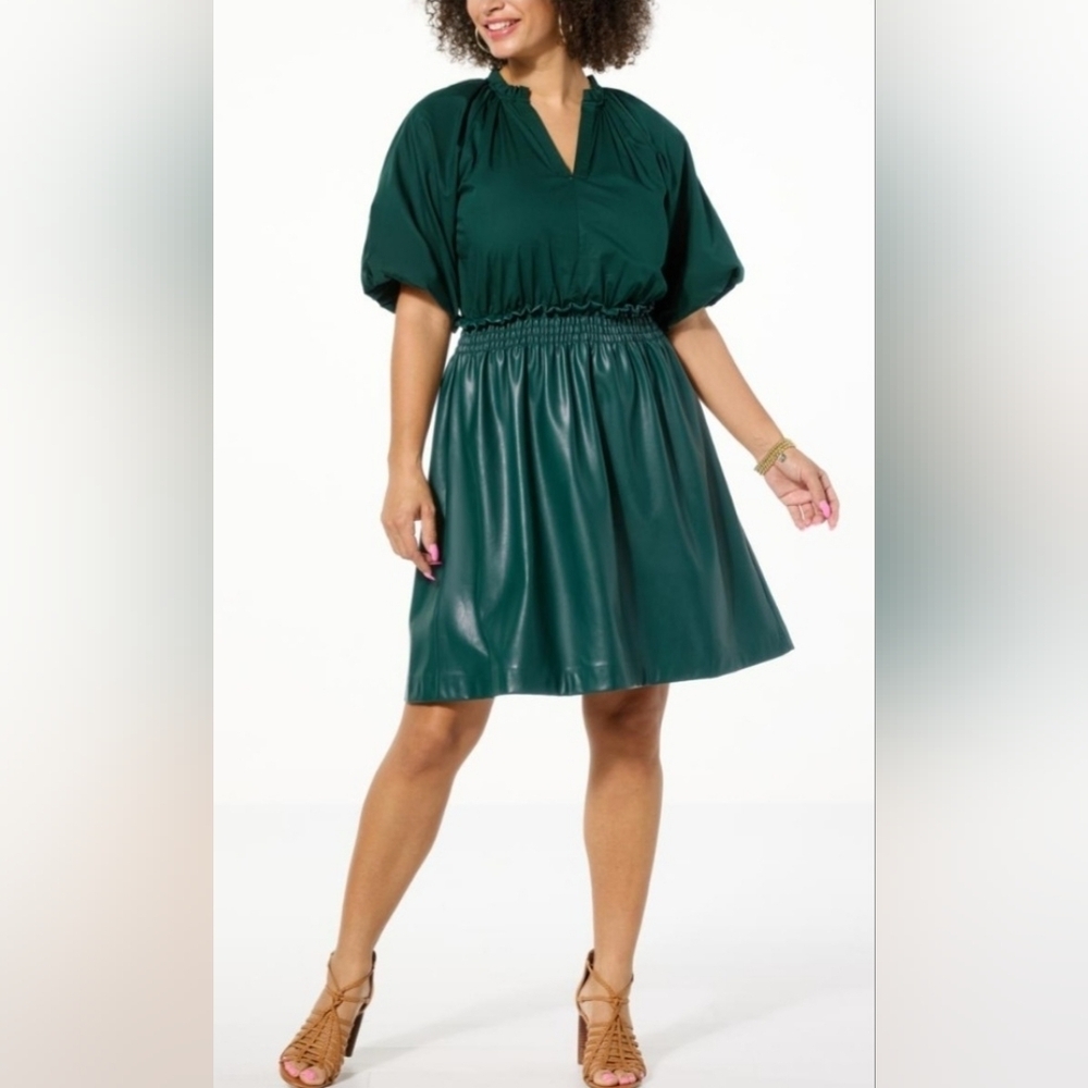 G by Giuliana Black Label Green Faux Leather & Poplin Dress - Size Medium